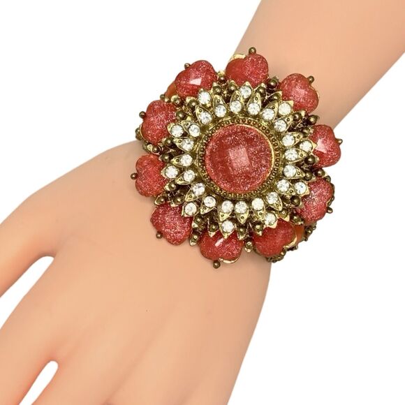 Pink And Orange Rhinestone Heart Flower Clamp Statement Bracelet 6.7" VTG - Picture 3 of 12